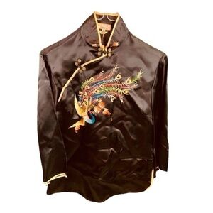 Vintage Golden Bee S Embroidered Peacock Rayon Shirt Asian Kimono Style